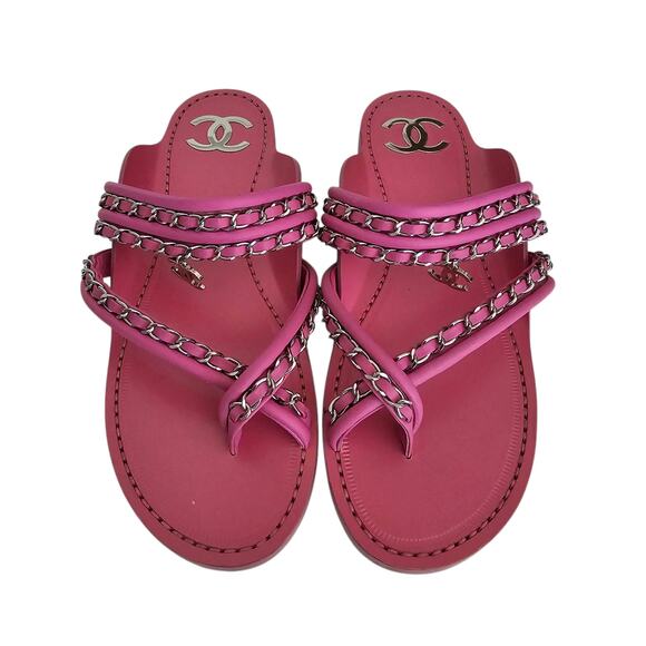 Chanel 19C CC Charm Chain Thong Flat Sandal Size 39 C US 8 8.5 Pink Leather - Picture 2 of 12
